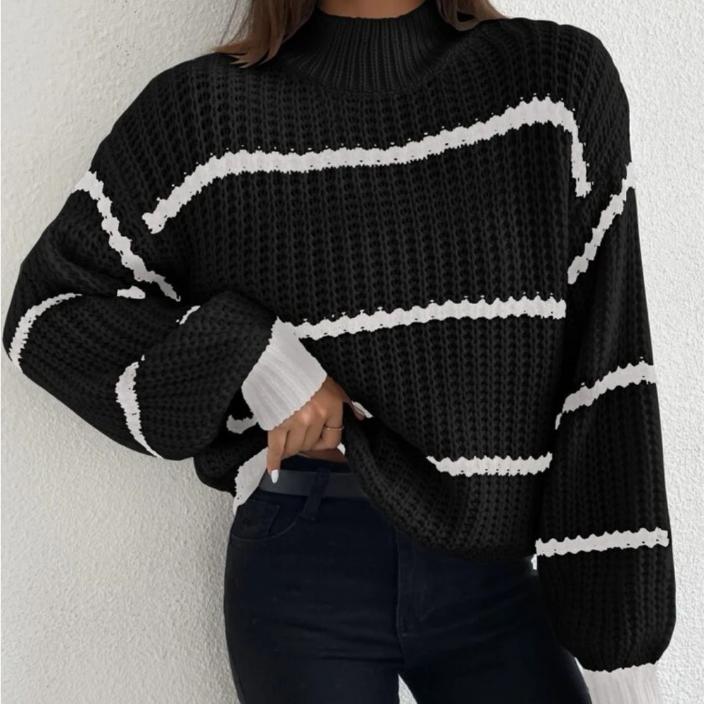 Striped Mock Neck Drop Shoulder Turtleneck Sweater